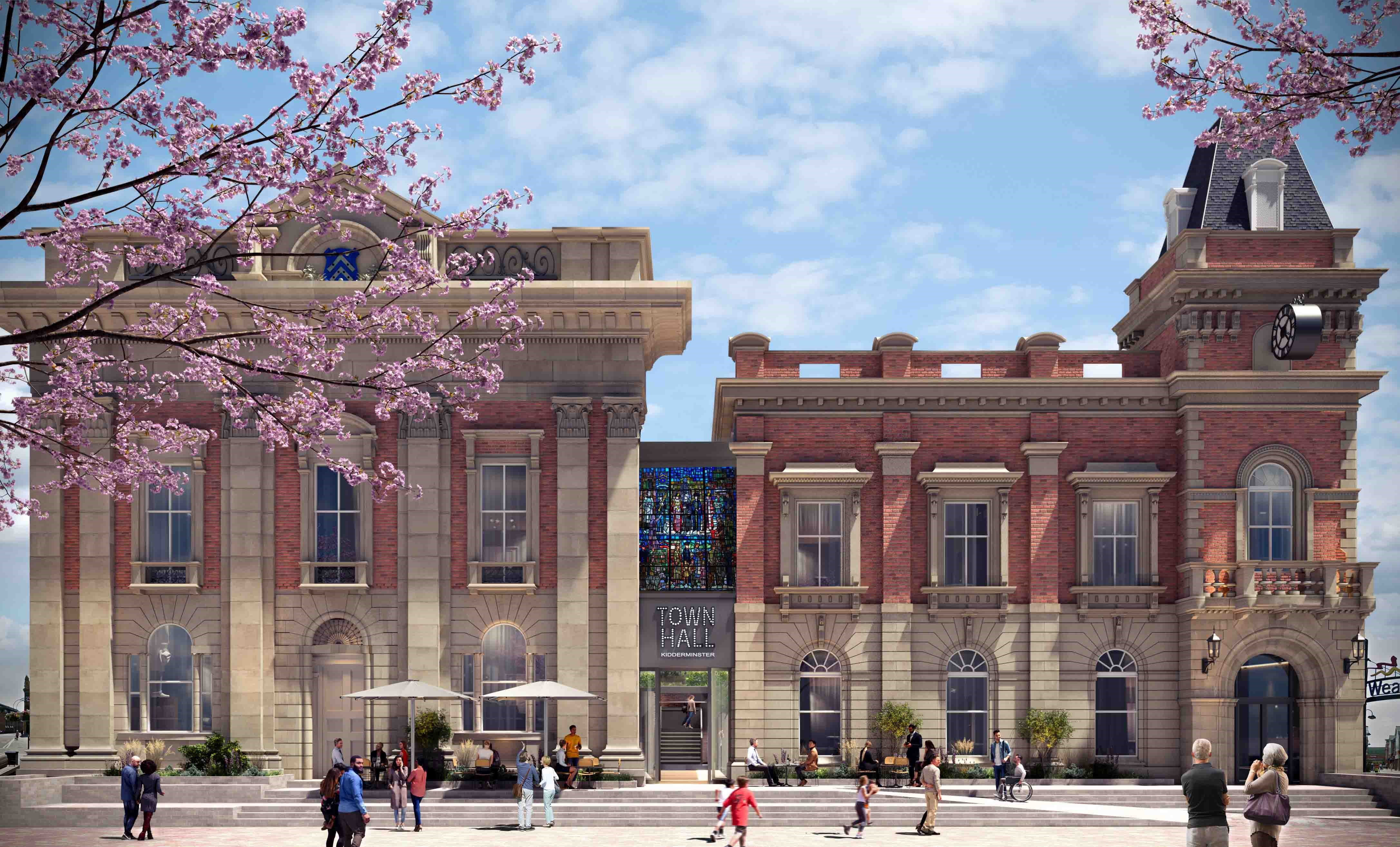 CGI of Kidderminster Town Hall, a red and yellow brick building. 