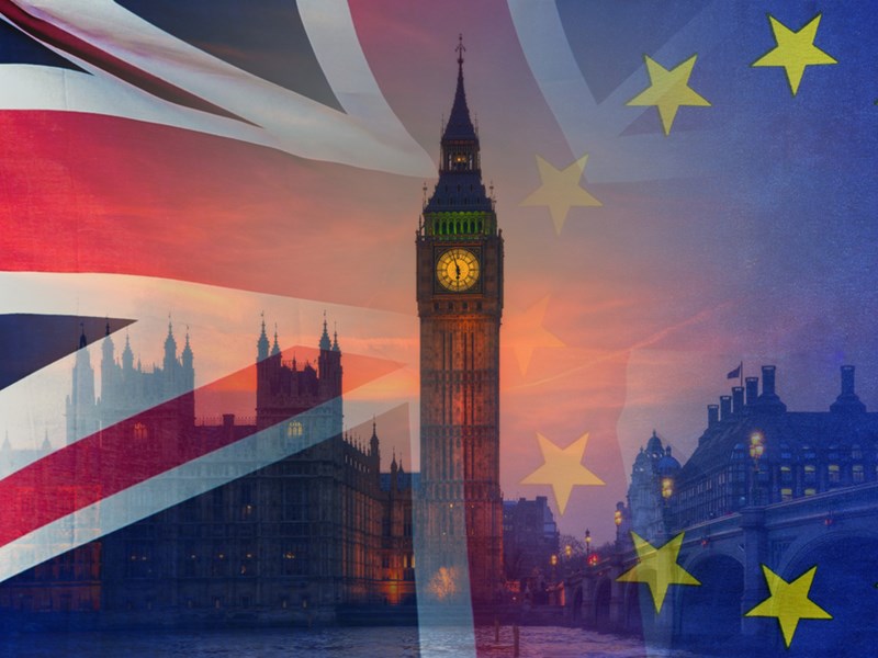 Union Jack flag (red, white and blue), Big Ben and the houses of Parliament, and the EU flag (blue with stars on).