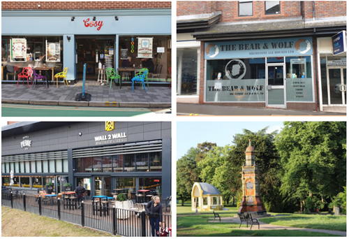 Photo collage of store fronts and park - Cosy cafe, The Bear and Wolf, Wall 2 Wall and Bistro Pierre, Brinton Park (memorial and bandstand)