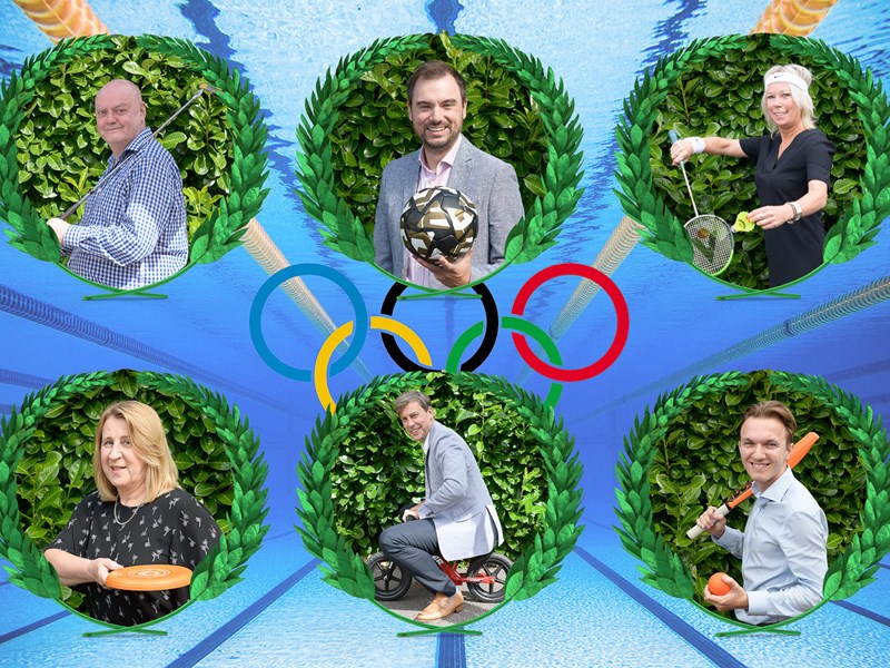 Image shows winners of competition in various Olympic sporting poses