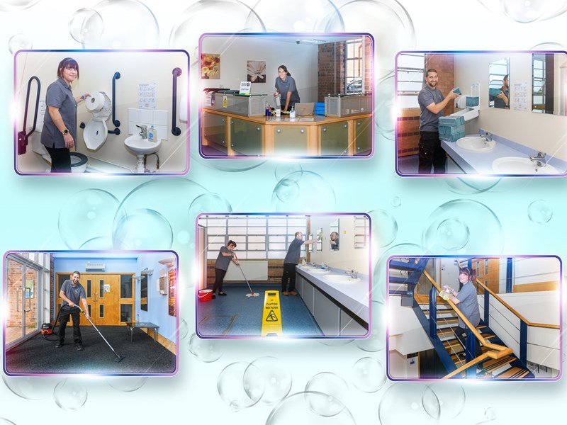 6 images of workers cleaning workspaces