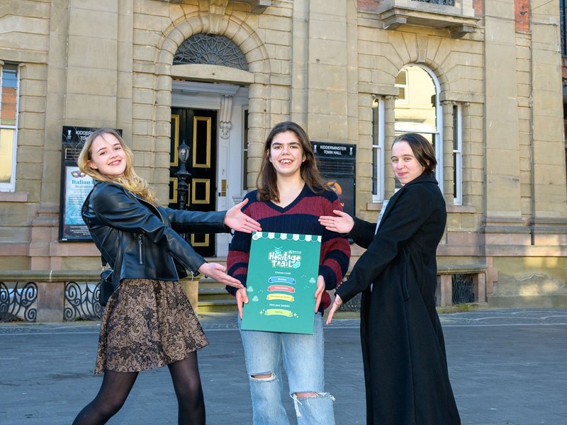 Adele, Sophia and A from the Rose Theatre celebrate the upcoming launch of Wyre Forest Heritage Trail App.