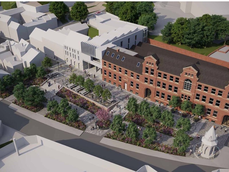 CGI image of the Former Magistrate's Court in Kidderminster, a listed red brick building, with proposed buildings in white.