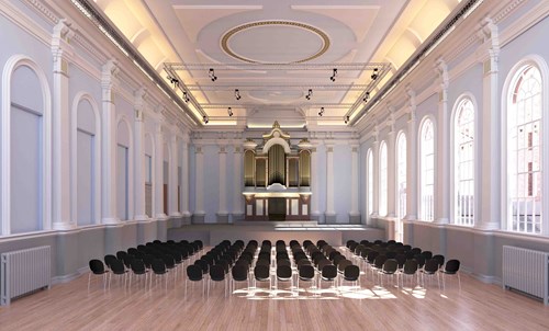 CGI image of large open hall pace with chairs facing towards a stage area