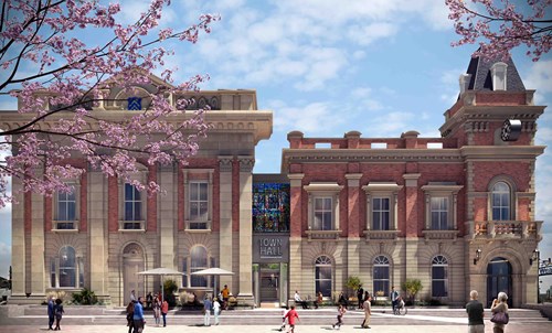 CGI impression of front of Kidderminster Town Hall, a period red brick building