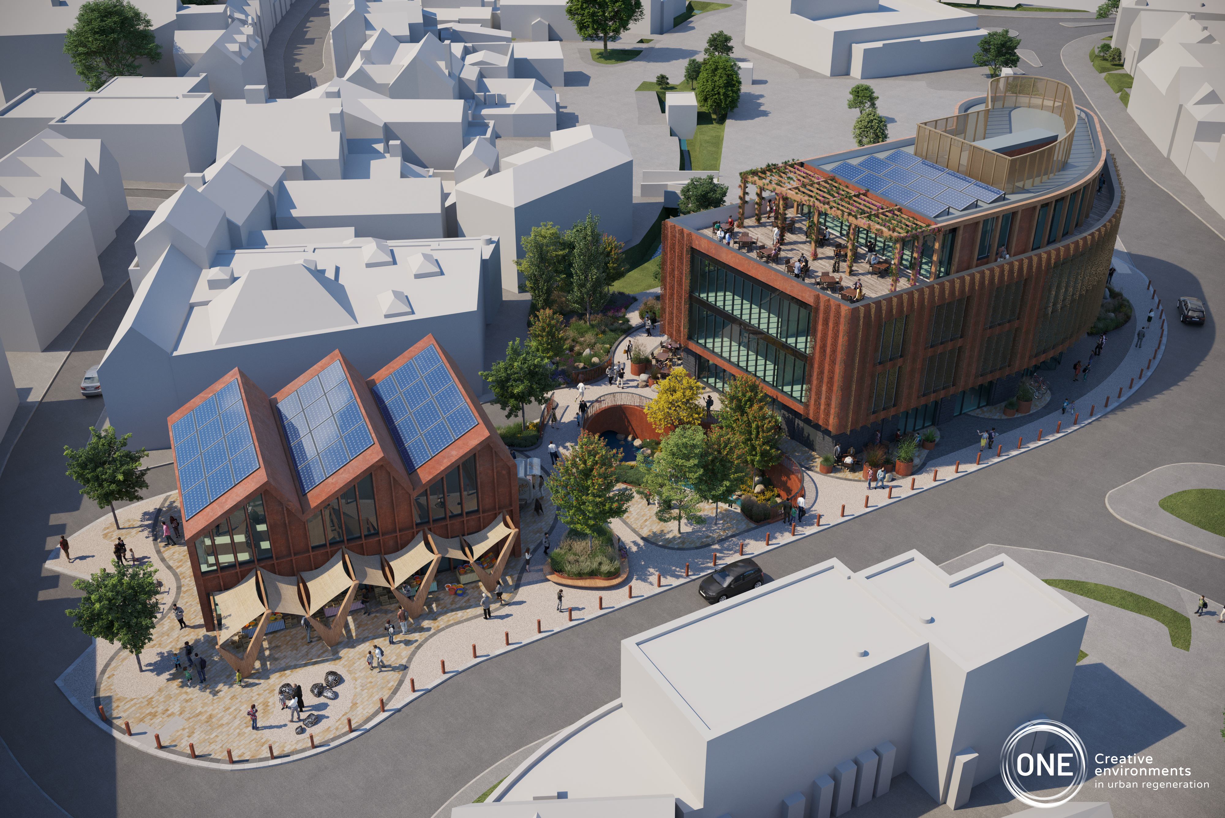 artists impression of large brick and glass buildings in town centre