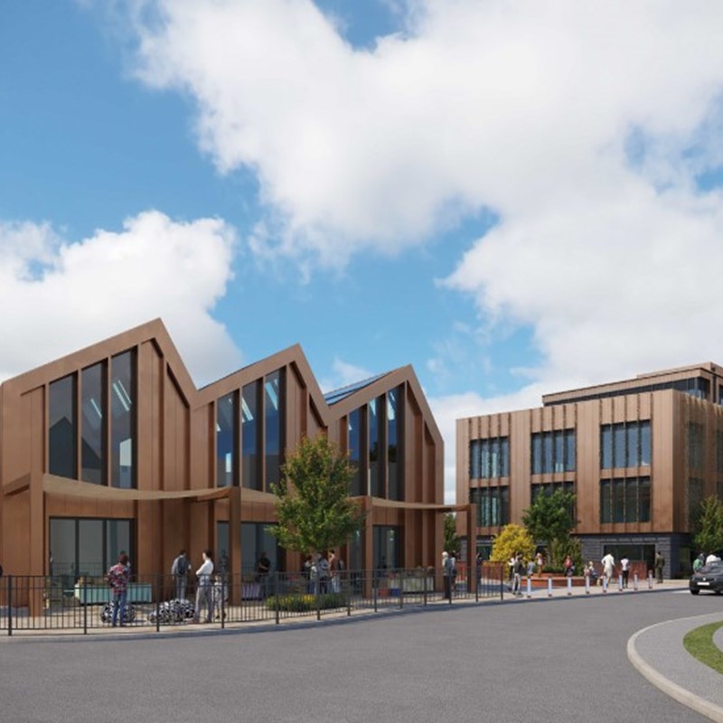 Artist impression of the new buildings with floor to ceiling windows in a two-storey building and the outside clad in wood